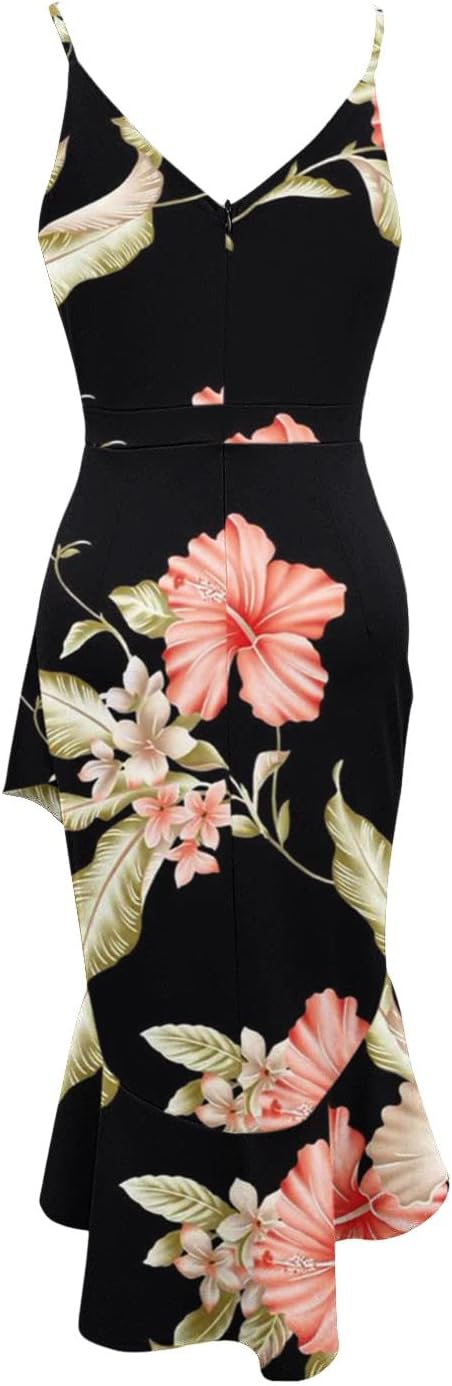 Cocktail Dress for Women Warm Weather Dresses for Women Spaghetti Strap V Neck Print Dress Slit Irregular Ruffles Hem