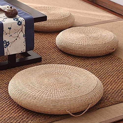Kryssable Collection Futon Seat Cushion,Natural Straw Woven Floor Pillow Outdoor,Round Tatami Floor Cushion Sitting,Handmade Meditation Cushion,for Yoga Room (Diameter 45cm(18inch),Beige)