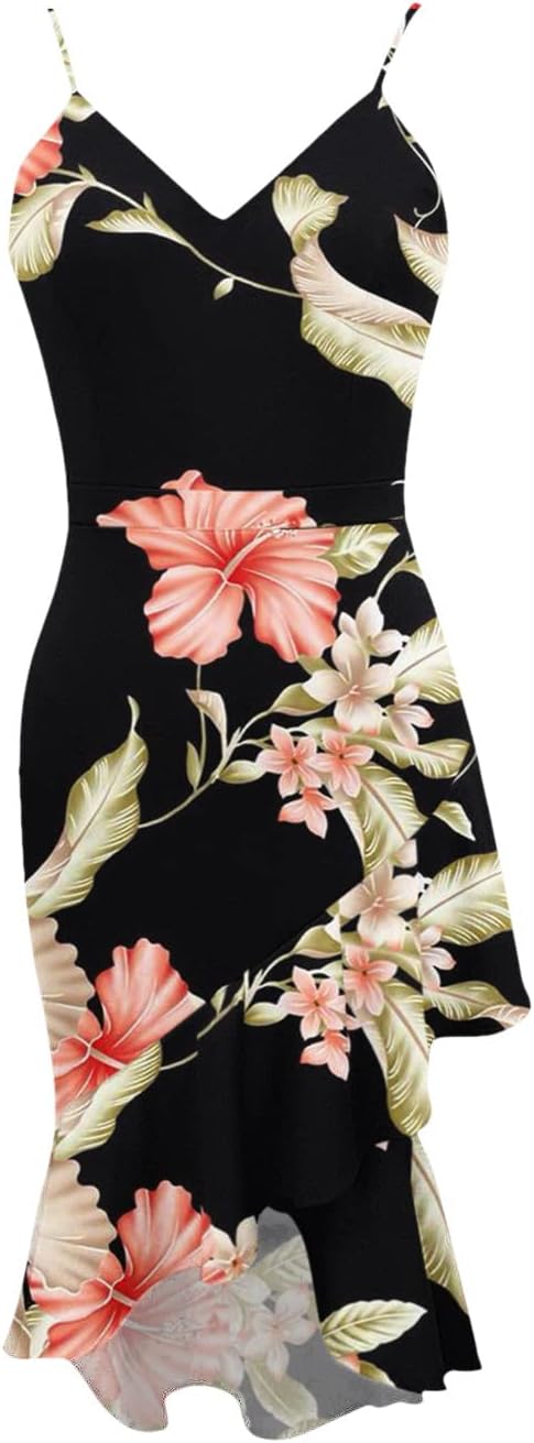 Cocktail Dress for Women Warm Weather Dresses for Women Spaghetti Strap V Neck Print Dress Slit Irregular Ruffles Hem