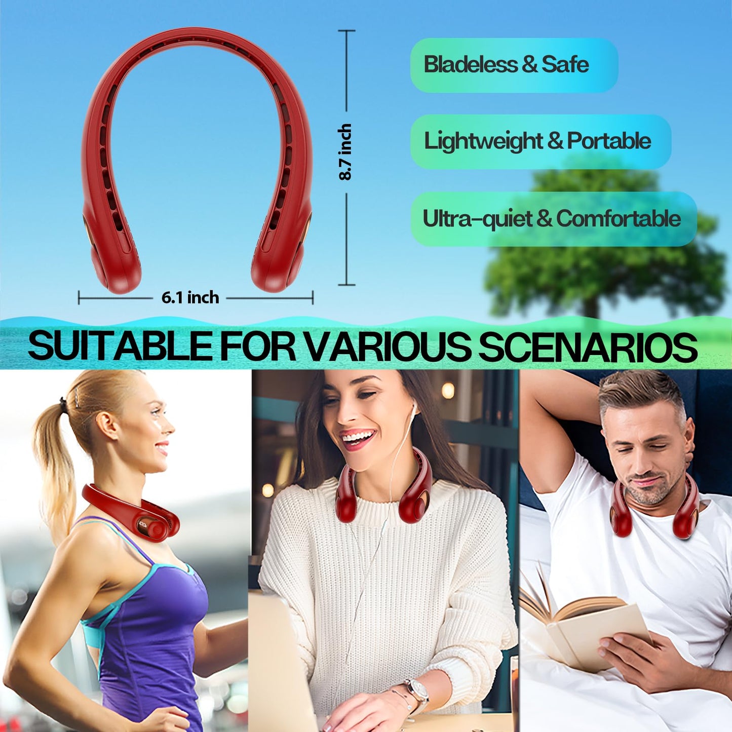 KIDEE Neck Fan, Portable Bladeless Neck Fans, Upgrade 360° Airflow, Super Quiet, 3 Speeds, 4000mAh Personal Wearable Neck Fan, Upgraded Cooling Air Volume USB Rechargeable Hands Free Fan