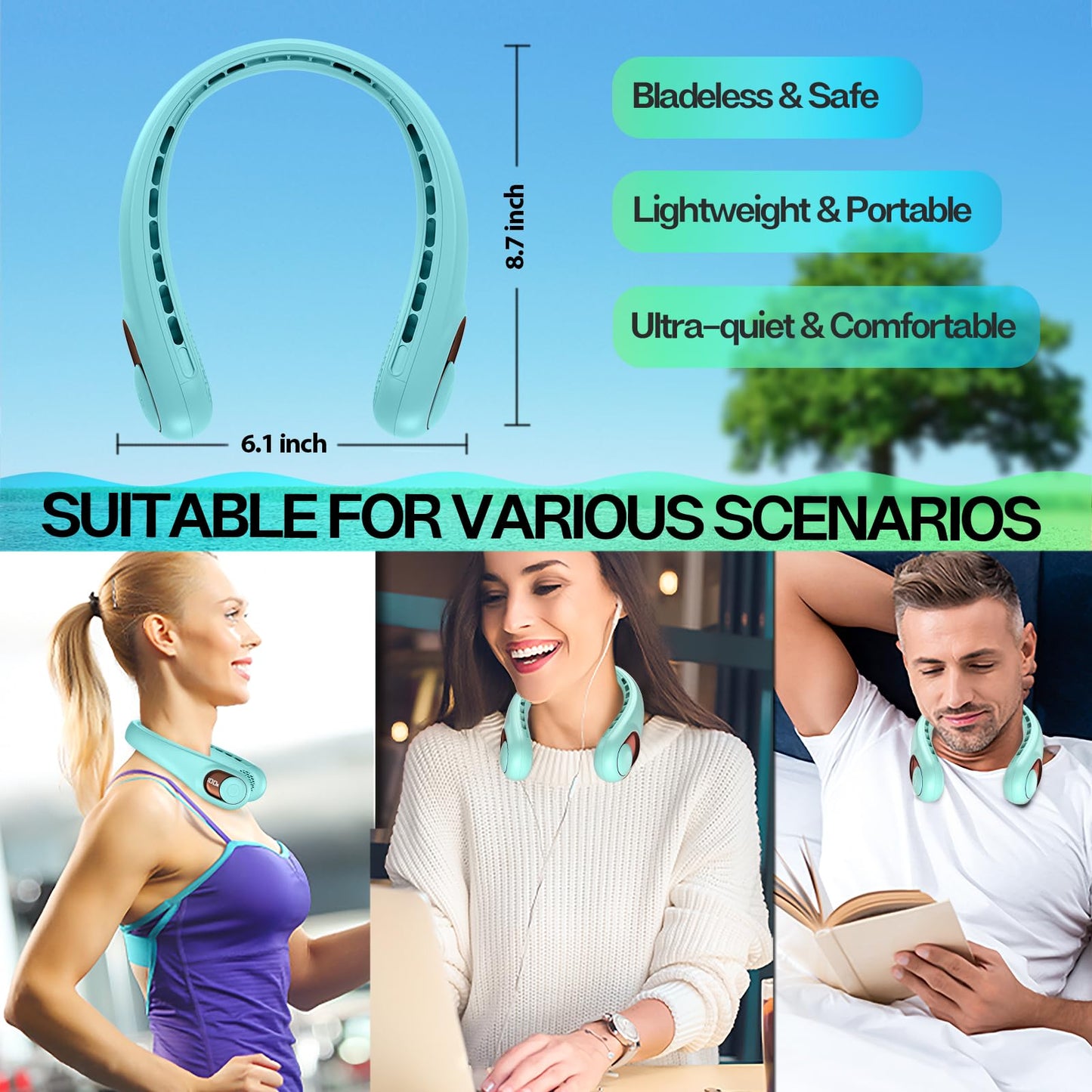 KIDEE Neck Fan, Portable Bladeless Neck Fans, Upgrade 360° Airflow, Super Quiet, 3 Speeds, 4000mAh Personal Wearable Neck Fan, Upgraded Cooling Air Volume USB Rechargeable Hands Free Fan