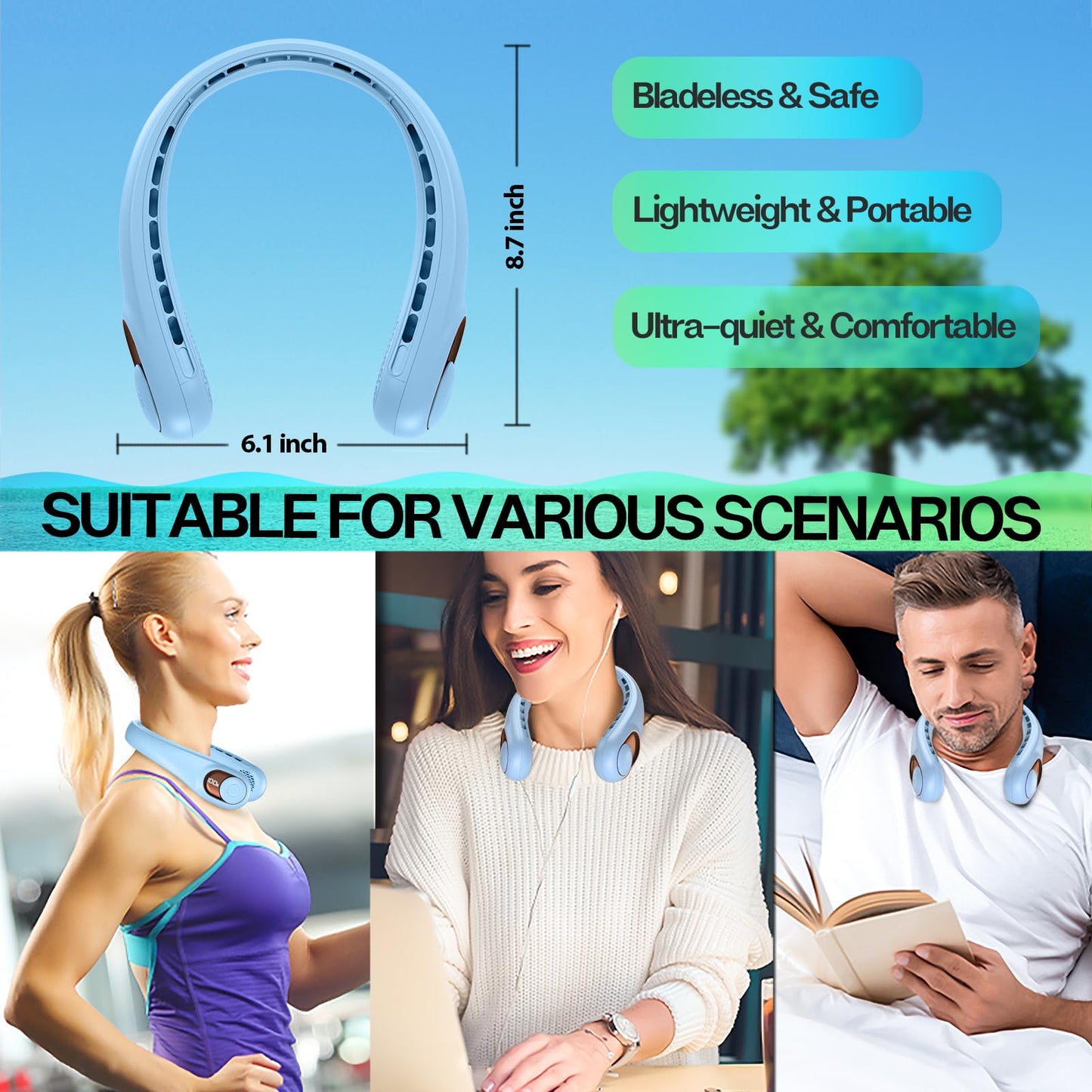KIDEE Neck Fan, Portable Bladeless Neck Fans, Upgrade 360° Airflow, Super Quiet, 3 Speeds, 4000mAh Personal Wearable Neck Fan, Upgraded Cooling Air Volume USB Rechargeable Hands Free Fan