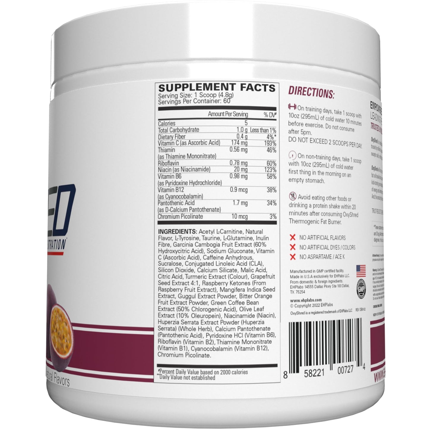 EHP Labs OxyShred Pre Workout Powder & Shredding Supplement - Preworkout Powder with L Glutamine & Acetyl L Carnitine, Energy Boost Drink - Passionfruit, 60 Servings