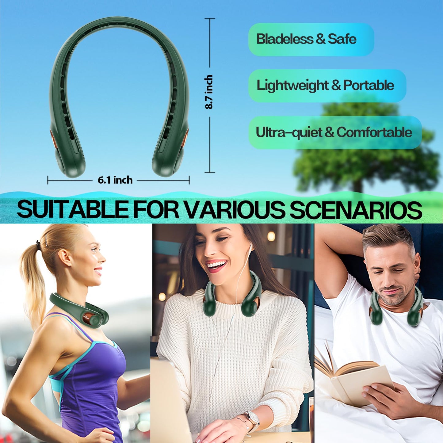 KIDEE Neck Fan, Portable Bladeless Neck Fans, Upgrade 360° Airflow, Super Quiet, 3 Speeds, 4000mAh Personal Wearable Neck Fan, Upgraded Cooling Air Volume USB Rechargeable Hands Free Fan