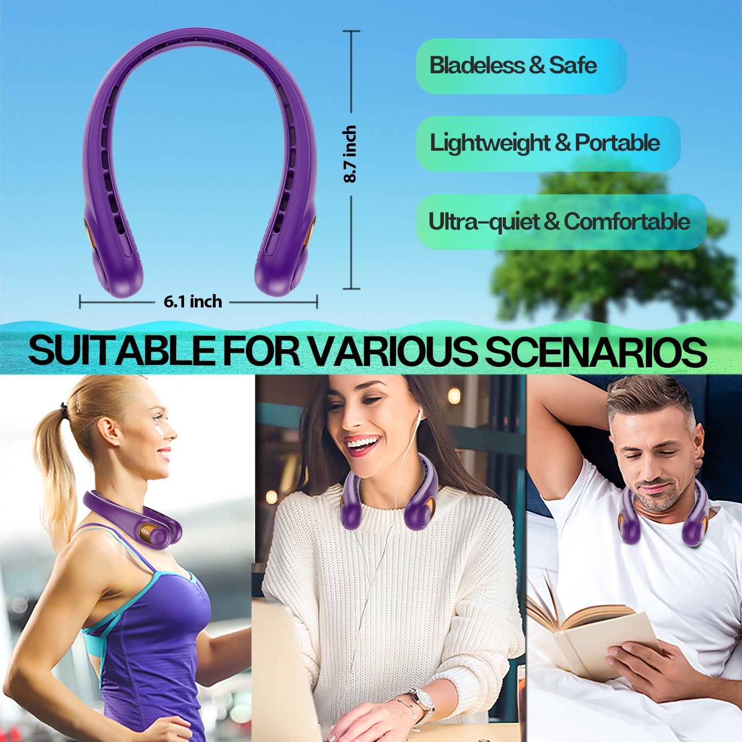 KIDEE Neck Fan, Portable Bladeless Neck Fans, Upgrade 360° Airflow, Super Quiet, 3 Speeds, 4000mAh Personal Wearable Neck Fan, Upgraded Cooling Air Volume USB Rechargeable Hands Free Fan
