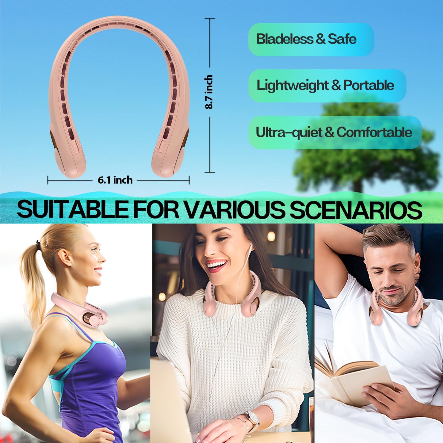 KIDEE Neck Fan, Portable Bladeless Neck Fans, Upgrade 360° Airflow, Super Quiet, 3 Speeds, 4000mAh Personal Wearable Neck Fan, Upgraded Cooling Air Volume USB Rechargeable Hands Free Fan