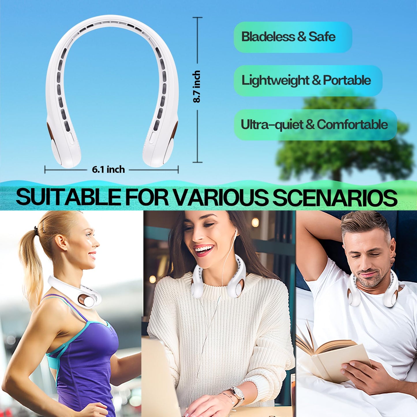 KIDEE Neck Fan, Portable Bladeless Neck Fans, Upgrade 360° Airflow, Super Quiet, 3 Speeds, 4000mAh Personal Wearable Neck Fan, Upgraded Cooling Air Volume USB Rechargeable Hands Free Fan