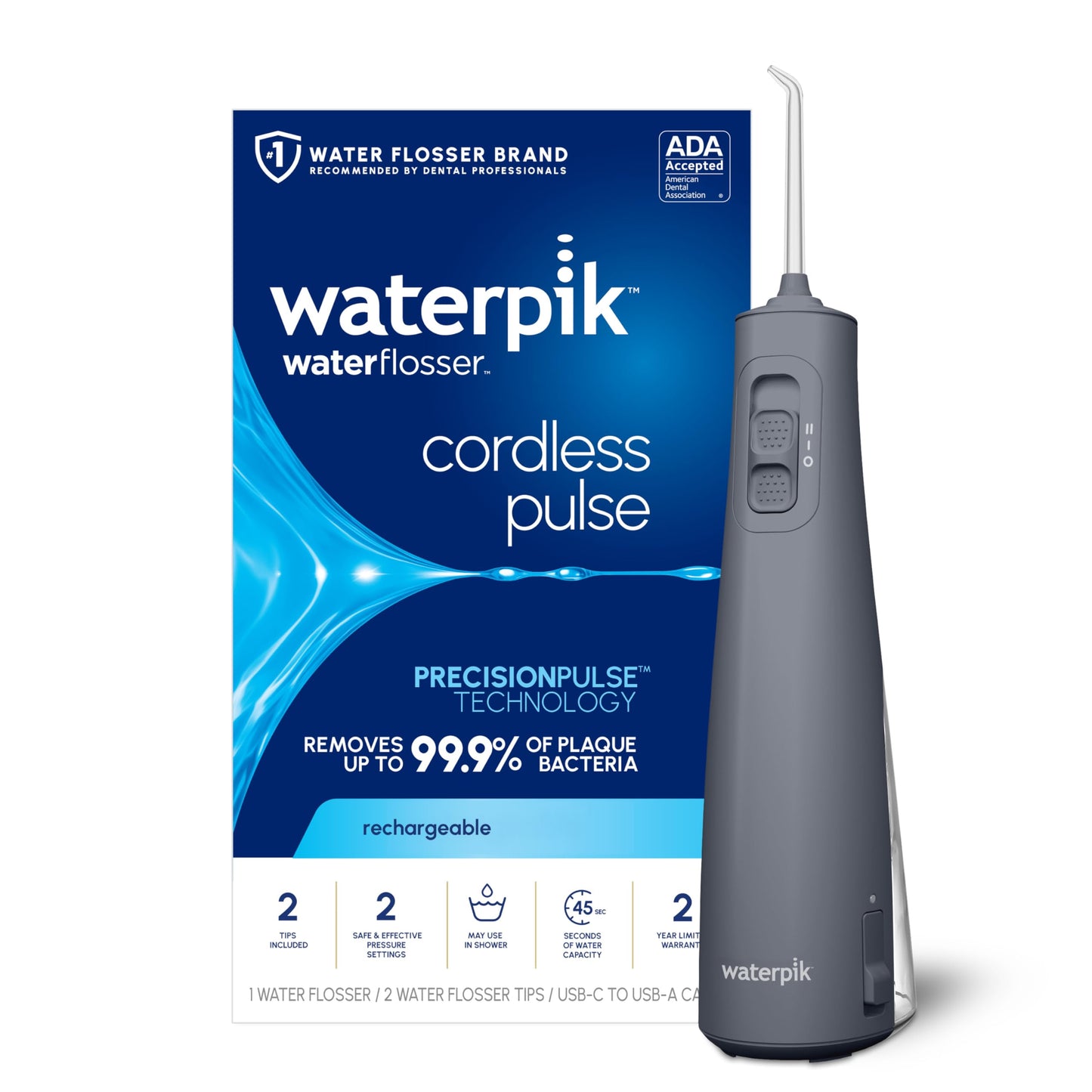 Waterpik Cordless Pulse Rechargeable Portable Water Flosser for Teeth, Gums, Braces Care and Travel with 2 Flossing Tips, Waterproof, ADA Accepted, WF-20 White, Packaging May Vary