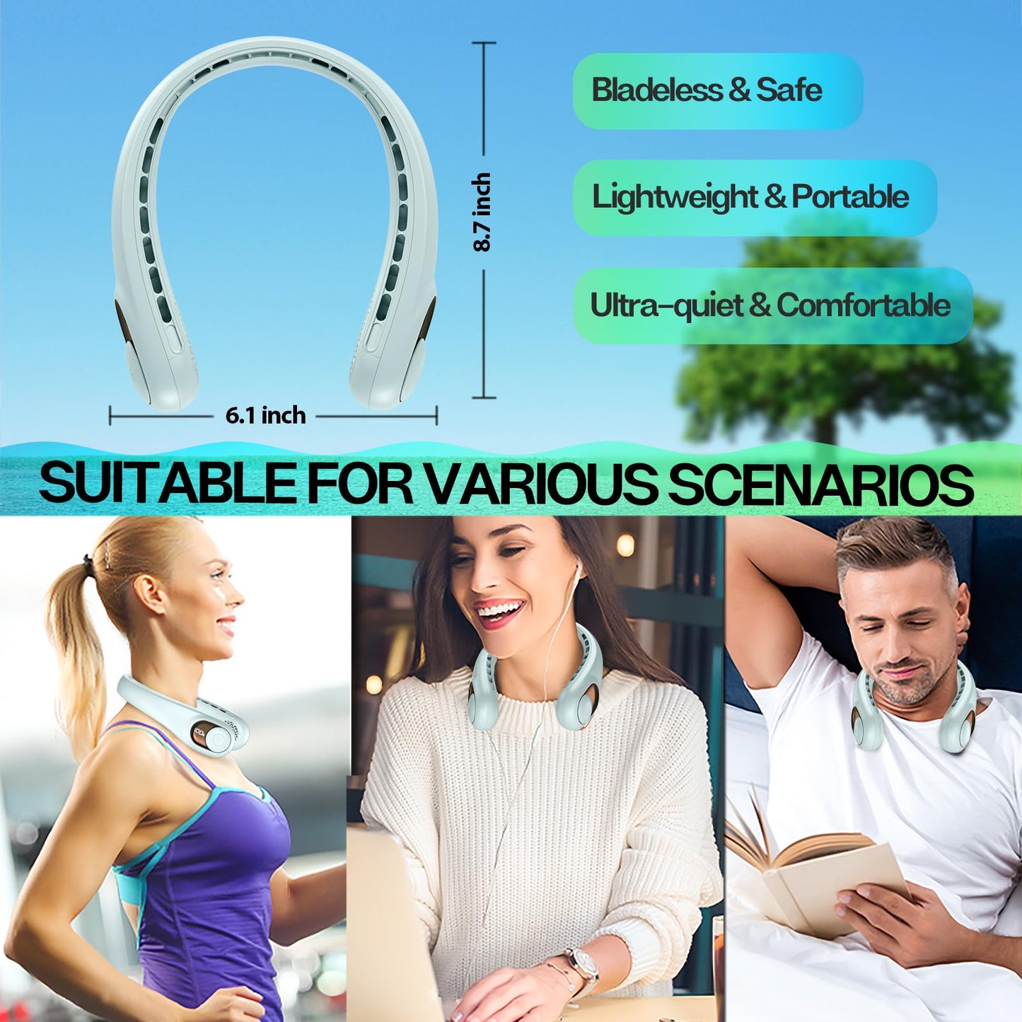 KIDEE Neck Fan, Portable Bladeless Neck Fans, Upgrade 360° Airflow, Super Quiet, 3 Speeds, 4000mAh Personal Wearable Neck Fan, Upgraded Cooling Air Volume USB Rechargeable Hands Free Fan