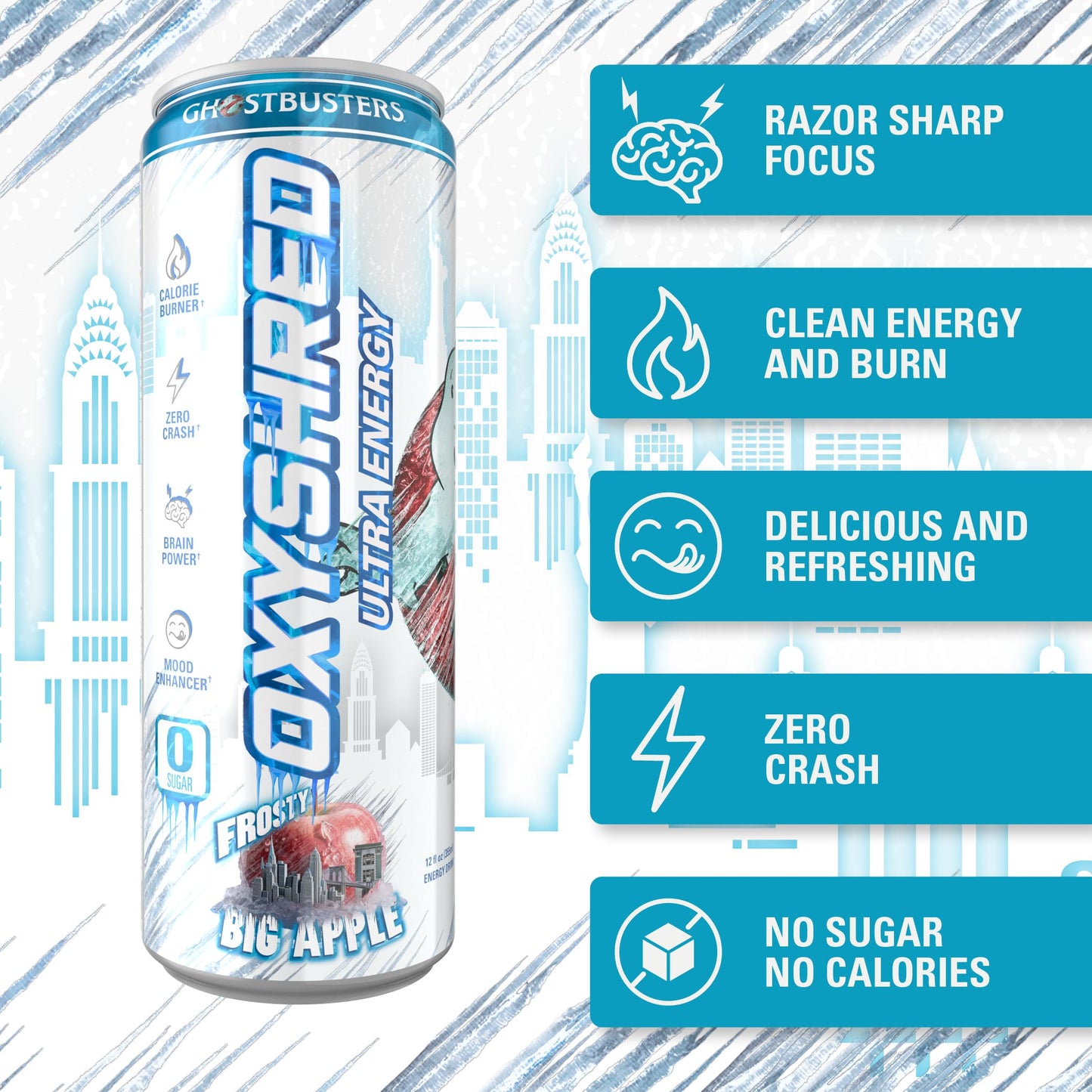 EHP Labs x Ghostbusters OxyShred Healthy Energy Drink - Zero Sugar Energy Drinks, Green Tea Extract, Vitamin C & L Carnitine - Zero Carbs, Zero Calories, Clean Caffeine - Frosty Big Apple (12-Pack)