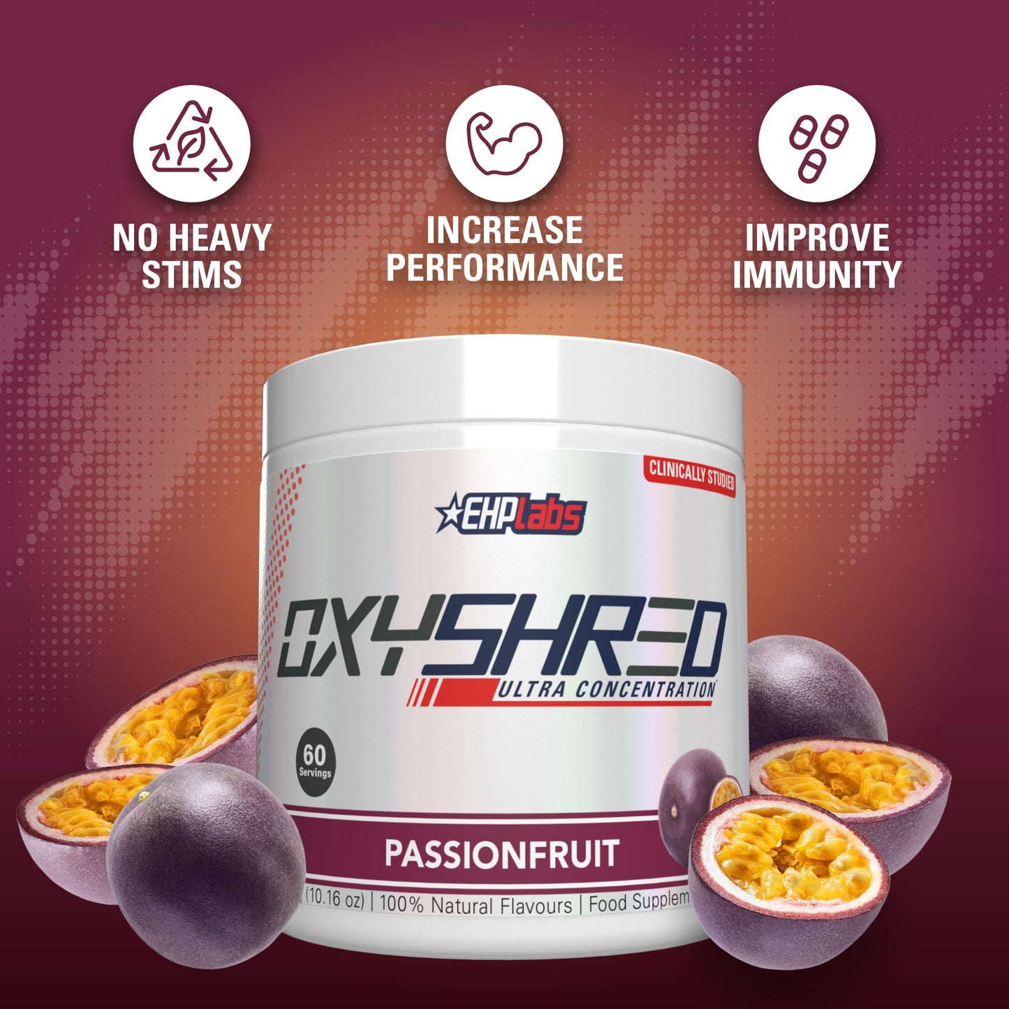 EHP Labs OxyShred Pre Workout Powder & Shredding Supplement - Preworkout Powder with L Glutamine & Acetyl L Carnitine, Energy Boost Drink - Passionfruit, 60 Servings