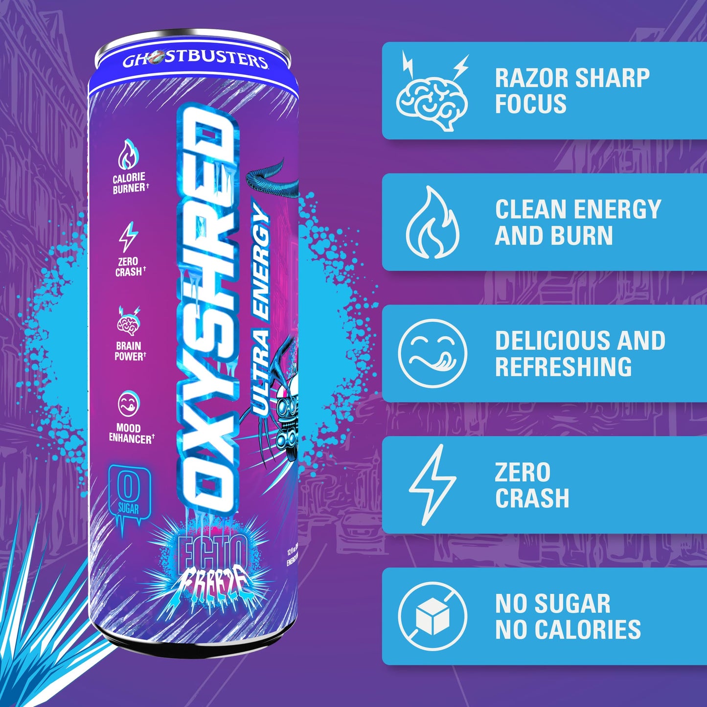 EHP Labs x Ghostbusters OxyShred Healthy Energy Drink - Zero Sugar Energy Drinks, Green Tea Extract, Vitamin C & L Carnitine - Zero Carbs, Zero Calories, Clean Caffeine - Frosty Big Apple (12-Pack)