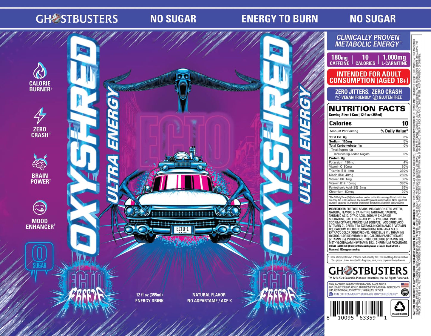 EHP Labs x Ghostbusters OxyShred Healthy Energy Drink - Zero Sugar Energy Drinks, Green Tea Extract, Vitamin C & L Carnitine - Zero Carbs, Zero Calories, Clean Caffeine - Frosty Big Apple (12-Pack)