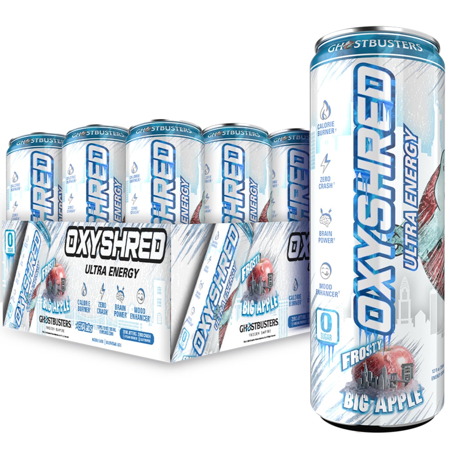EHP Labs x Ghostbusters OxyShred Healthy Energy Drink - Zero Sugar Energy Drinks, Green Tea Extract, Vitamin C & L Carnitine - Zero Carbs, Zero Calories, Clean Caffeine - Frosty Big Apple (12-Pack)