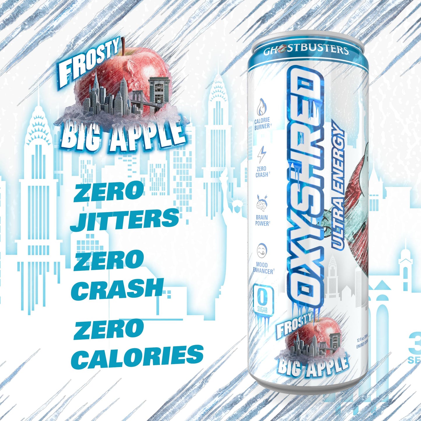 EHP Labs x Ghostbusters OxyShred Healthy Energy Drink - Zero Sugar Energy Drinks, Green Tea Extract, Vitamin C & L Carnitine - Zero Carbs, Zero Calories, Clean Caffeine - Frosty Big Apple (12-Pack)