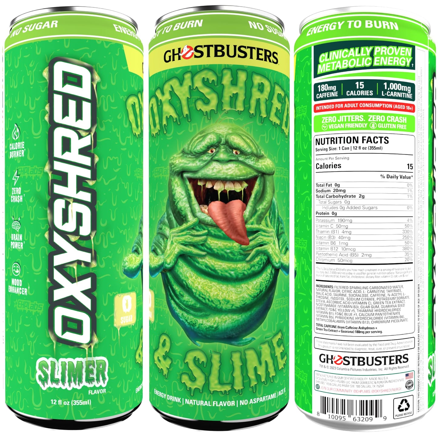 EHP Labs x Ghostbusters OxyShred Healthy Energy Drink - Zero Sugar Energy Drinks, Green Tea Extract, Vitamin C & L Carnitine - Zero Carbs, Zero Calories, Clean Caffeine - Frosty Big Apple (12-Pack)