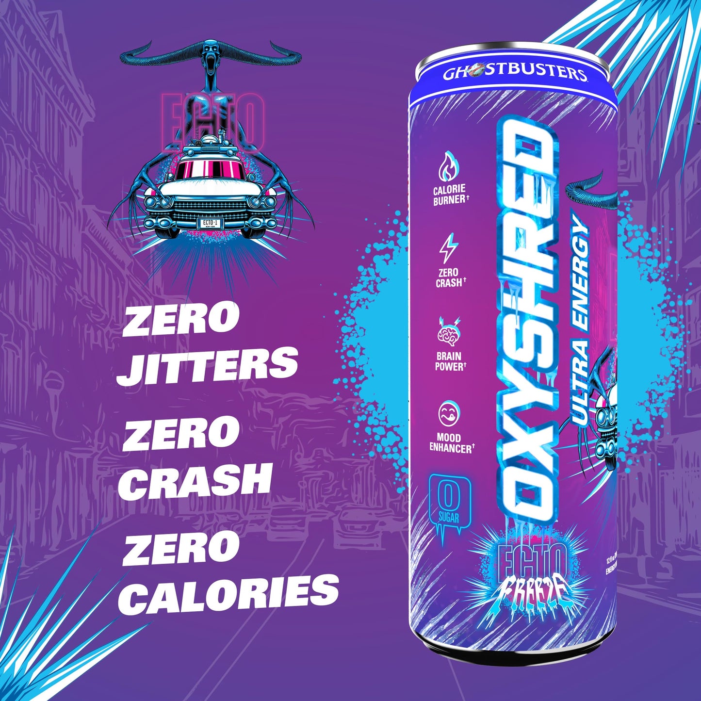 EHP Labs x Ghostbusters OxyShred Healthy Energy Drink - Zero Sugar Energy Drinks, Green Tea Extract, Vitamin C & L Carnitine - Zero Carbs, Zero Calories, Clean Caffeine - Frosty Big Apple (12-Pack)