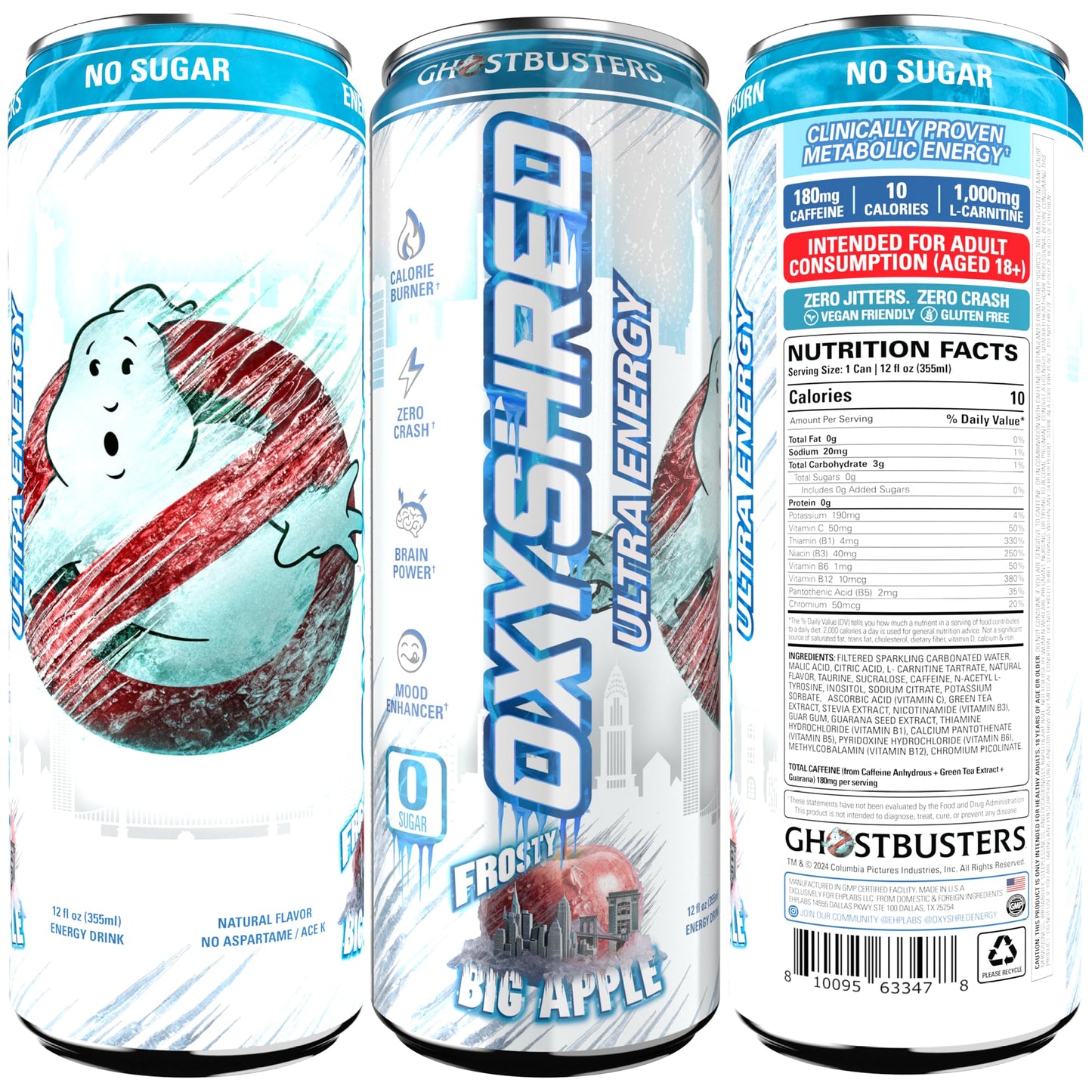 EHP Labs x Ghostbusters OxyShred Healthy Energy Drink - Zero Sugar Energy Drinks, Green Tea Extract, Vitamin C & L Carnitine - Zero Carbs, Zero Calories, Clean Caffeine - Frosty Big Apple (12-Pack)