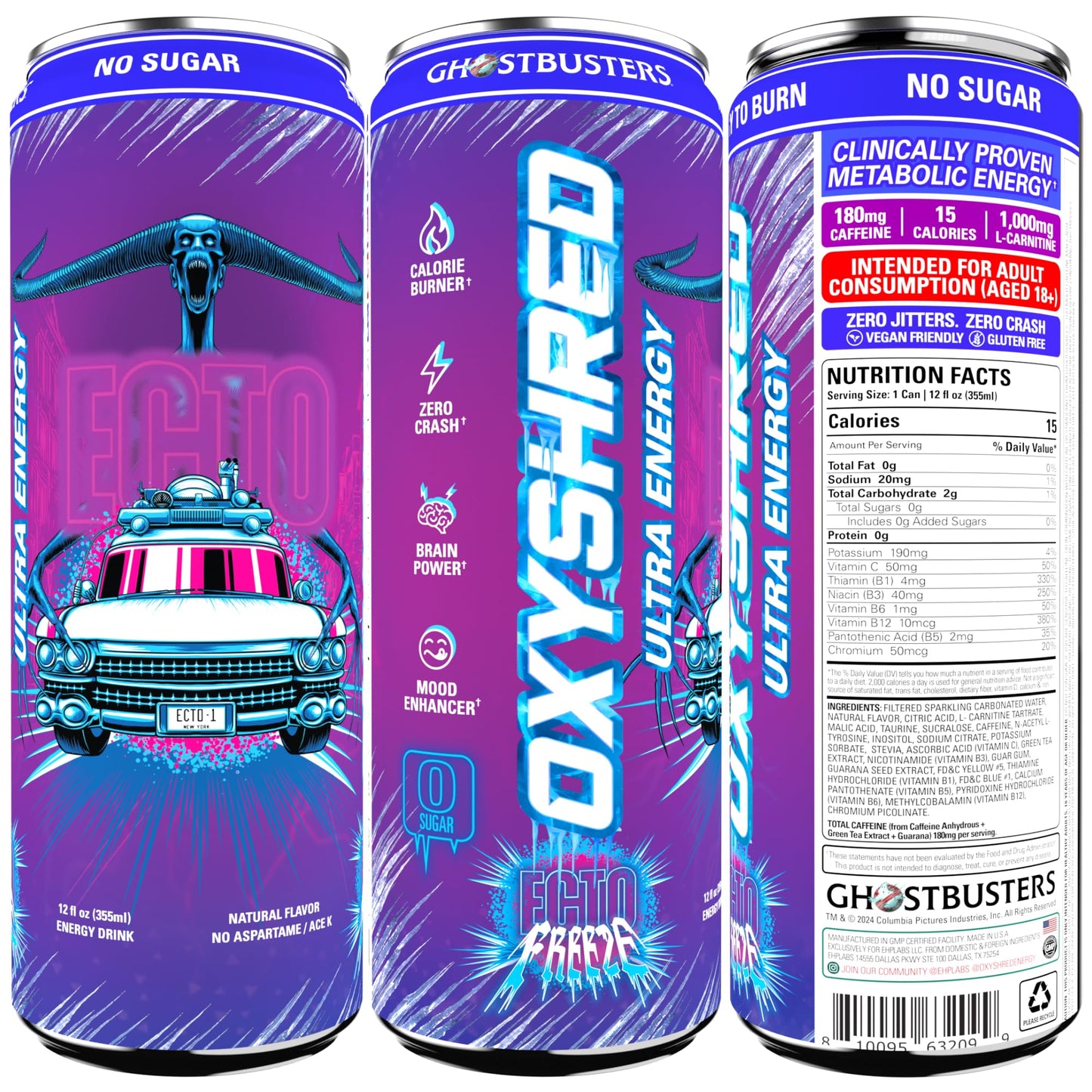 EHP Labs x Ghostbusters OxyShred Healthy Energy Drink - Zero Sugar Energy Drinks, Green Tea Extract, Vitamin C & L Carnitine - Zero Carbs, Zero Calories, Clean Caffeine - Frosty Big Apple (12-Pack)