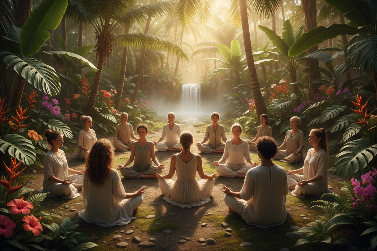 community of people in tropical environment that are conducting a meditation