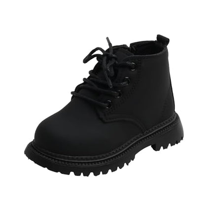 Toddler girl and boy combat ankle boots by Aura Restored, waterproof leather shoes with side zipper for kids' outdoor fall wear.