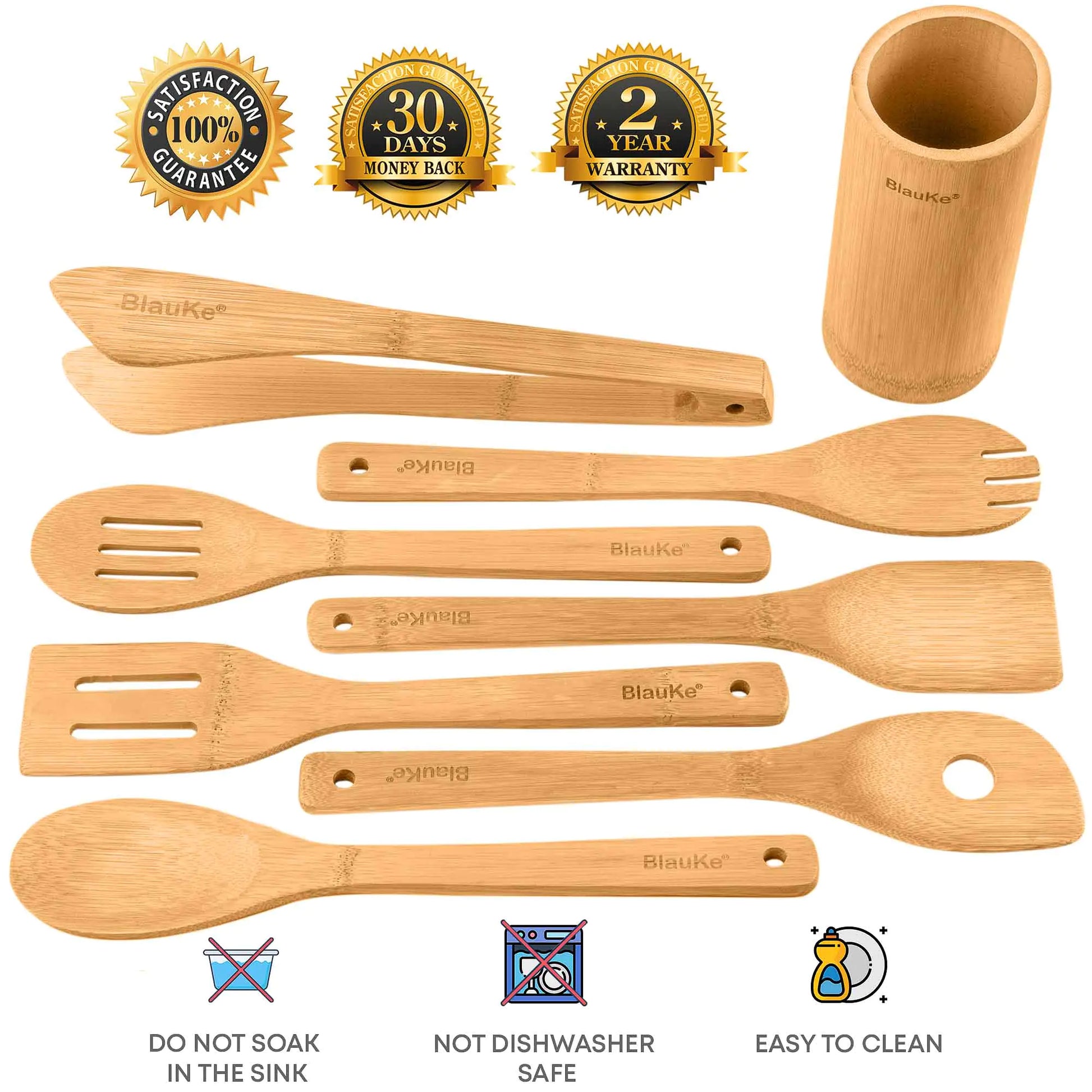 Voodoo Cuisine 8-Pack - Wooden Cooking Utensils for Nonstick Cookware - Wooden Cooking Spoons, Spatulas, Turner, Tongs, Utensil Holder Aura Restored