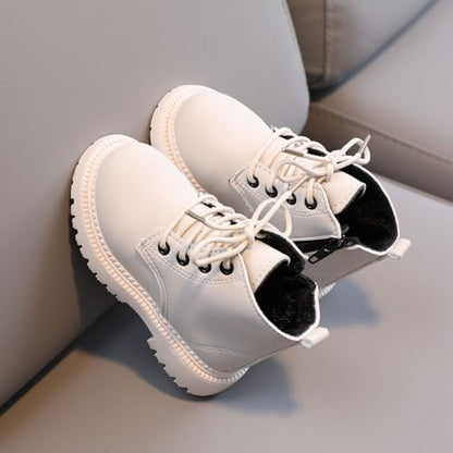 Toddler girl and boy combat ankle boots by Aura Restored, waterproof leather shoes with side zipper for outdoor fall wear.