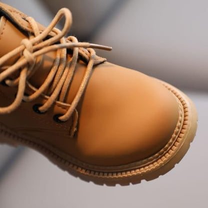 Toddler girls boys combat ankle boots by Aura Restored, waterproof leather shoes with side zipper and fall outdoor design.
