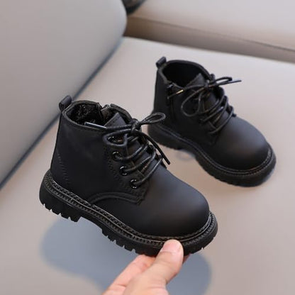 Toddler girls and boys combat ankle boots by Aura Restored, waterproof leather shoes with side zipper for outdoor fall wear.