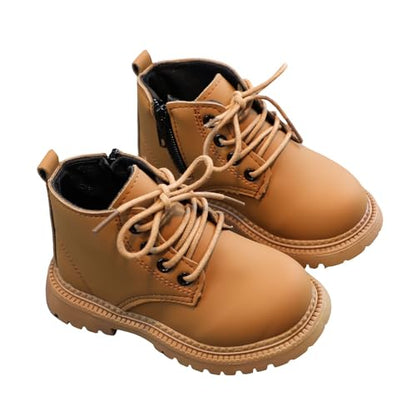 Toddler girls and boys combat ankle boots by Aura Restored, waterproof leather shoes with side zipper and cushioned comfort for outdoor wear.
