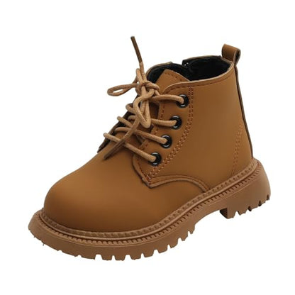 Toddler girls and boys waterproof combat ankle boots with side zipper, leather comfort shoes for outdoor fall wear by Aura Restored.
