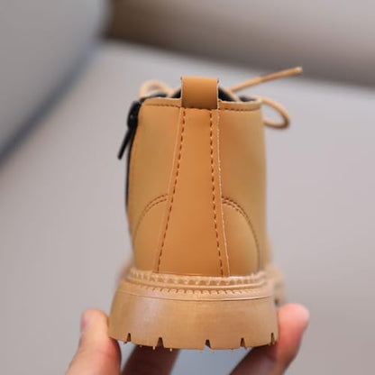 Toddler girl and boy combat ankle boots by Aura Restored, waterproof leather shoes with side zipper for outdoor fall wear.