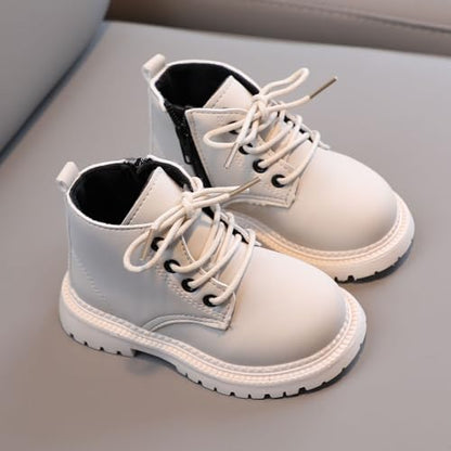 Toddler girls and boys waterproof combat ankle boots by Aura Restored with side zipper, leather exterior, and fall-ready comfort shoes.