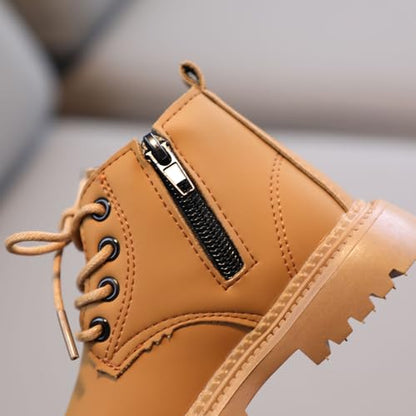Aura Restored toddler girls and boys combat ankle boots with waterproof leather, side zipper, and comfortable fall outdoor design.