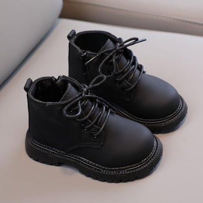 Toddler girls and boys combat ankle boots by Aura Restored, waterproof leather shoes with side zipper and fall-ready outdoor style.