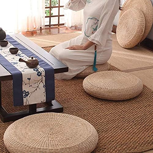 Kryssable Collection Futon Seat Cushion,Natural Straw Woven Floor Pillow Outdoor,Round Tatami Floor Cushion Sitting,Handmade Meditation Cushion,for Yoga Room (Diameter 45cm(18inch),Beige)