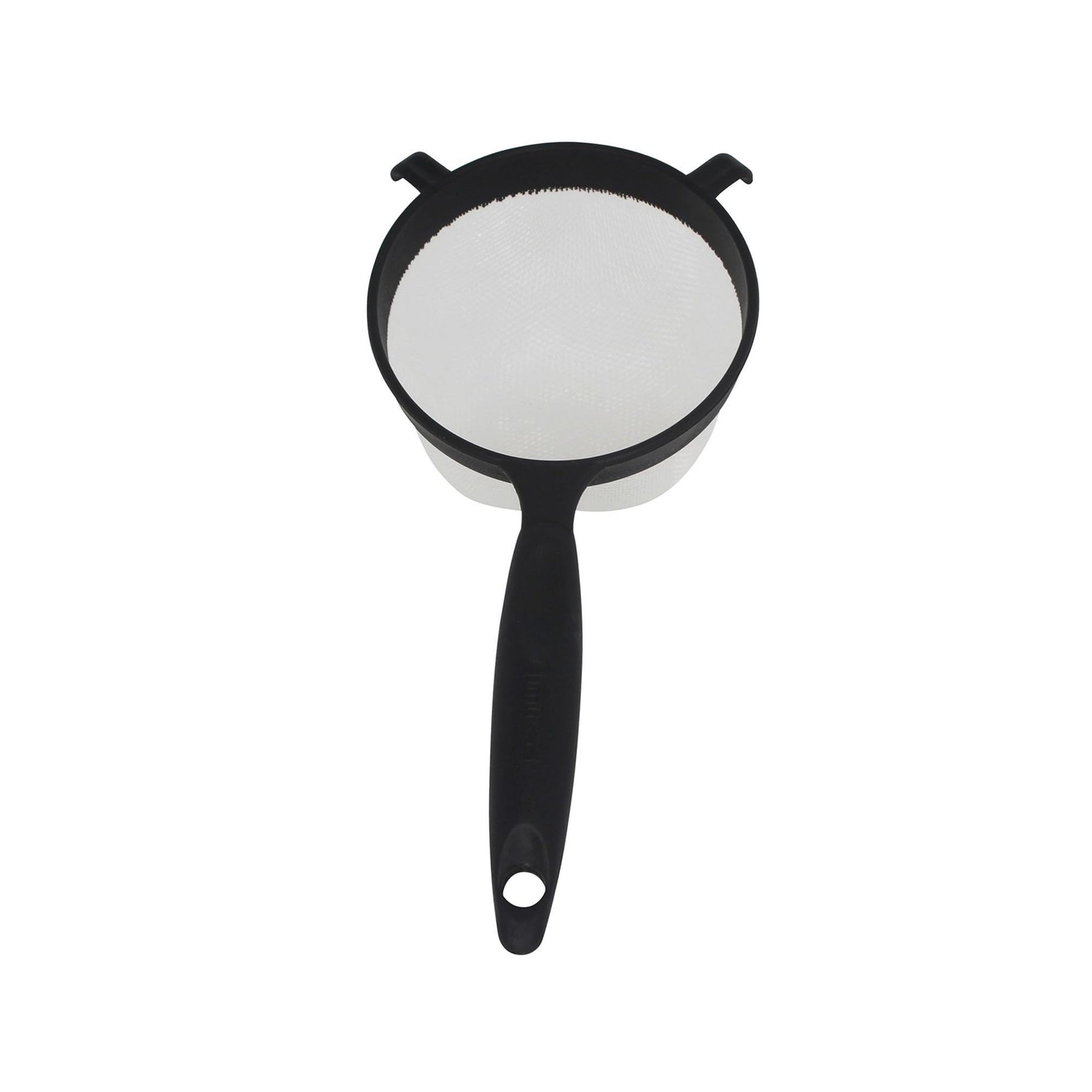 Aura Restored black 6-inch plastic kitchen strainer by IMUSA, perfect for draining pasta and rinsing vegetables.