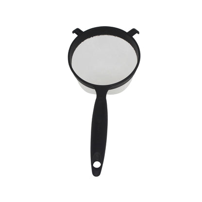 Aura Restored black 6-inch plastic kitchen strainer by IMUSA, perfect for draining pasta and rinsing vegetables.
