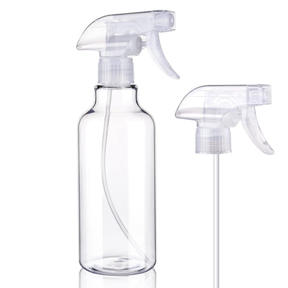12 oz heavy-duty empty plastic spray bottles by Aura Restored, used for cleaning supplies, with trigger spray nozzles.