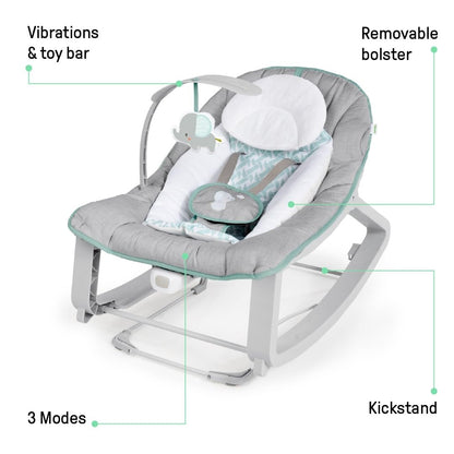 Aura Restored Ingenuity Keep Cozy 3-in-1 baby bouncer with toy bar, vibrating seat, and rocker for infants to toddlers up to 40 lbs