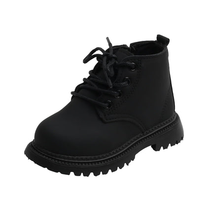 Aura Restored toddler girl and boy combat ankle boots with waterproof leather, side zipper, for outdoor fall wear.