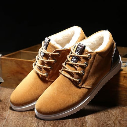 Aura Restored men's winter snow boots with velvet lining, thick soles, and casual hiking style in size 9.