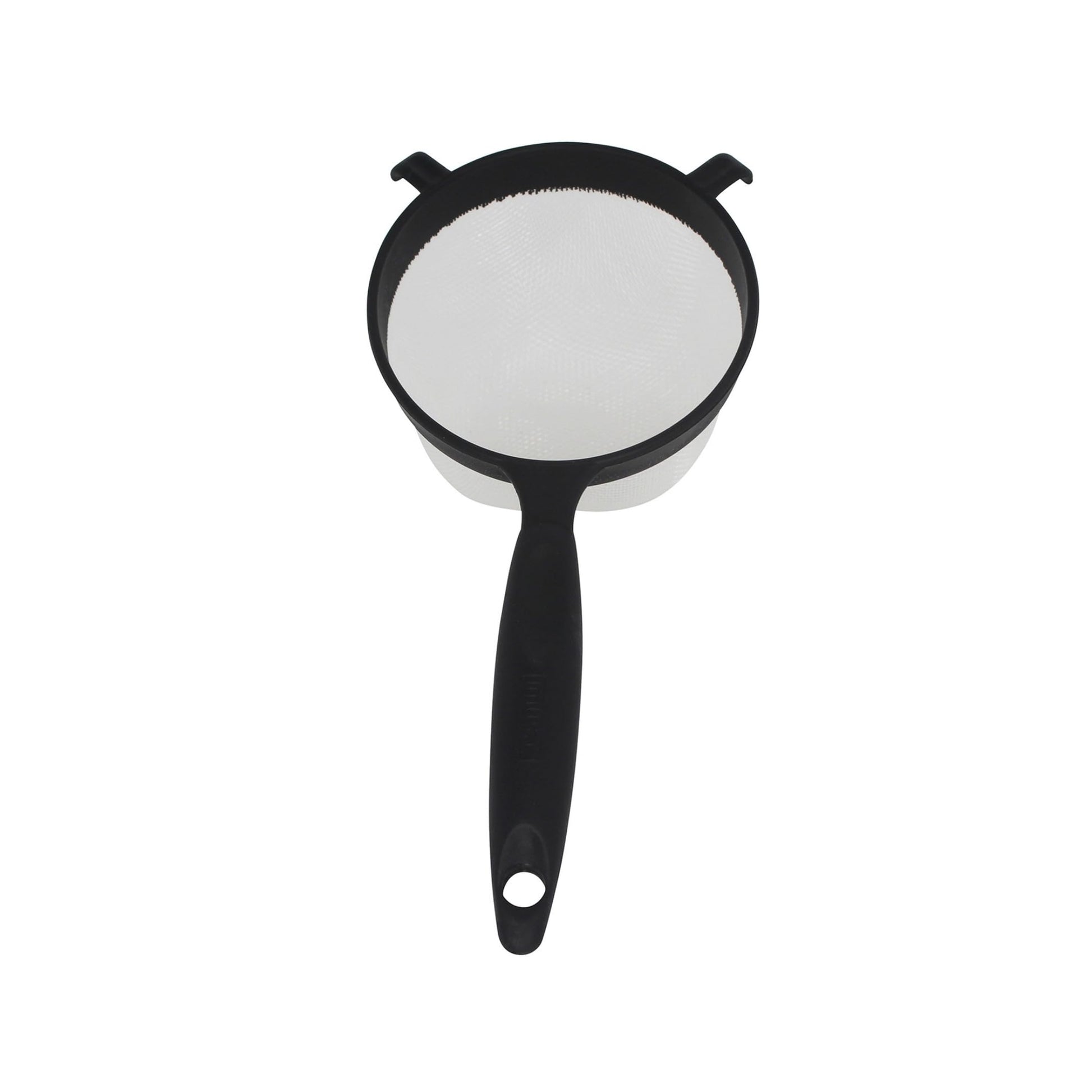 Aura Restored IMUSA 6-inch black plastic strainer for kitchen use, with fine mesh and sturdy handle for draining and rinsing.