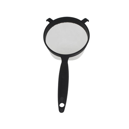 Aura Restored IMUSA 6-inch black plastic strainer for kitchen use, with fine mesh and sturdy handle for draining and rinsing.