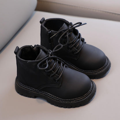 Aura Restored toddler girls and boys combat ankle boots with waterproof leather, side zipper, and comfortable fall outdoor design.