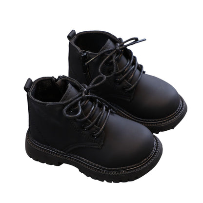 Aura Restored toddler boys and girls waterproof combat ankle boots with side zipper, leather comfort shoes for outdoor fall wear.