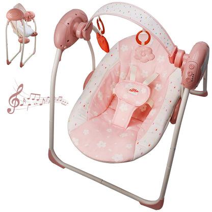 Aura Restored Tiny Marvels portable baby swing in blush bloom with adjustable speed, music, removable toy bar, suitable for 0-9 months.