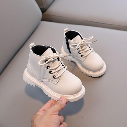 Aura Restored toddler combat ankle boots for girls and boys, waterproof leather shoes with side zippers and fall-ready comfort.