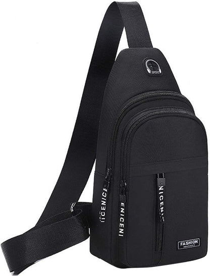 Aura Restored Gideon Collection sling bag, crossbody chest pack with USB hole, stylish accessory for women and men.