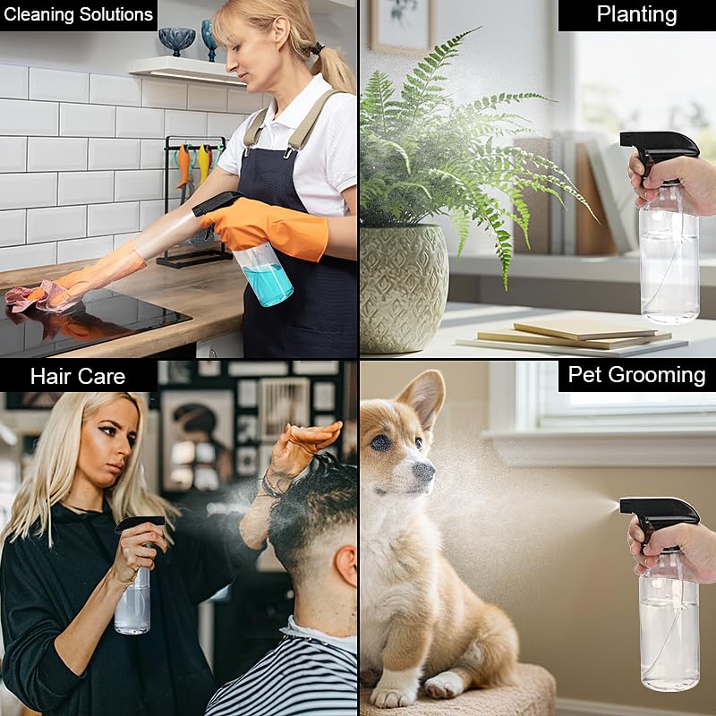 Aura Restored 12 oz heavy-duty plastic spray bottles for cleaning, shown with nozzles and clear transparency.